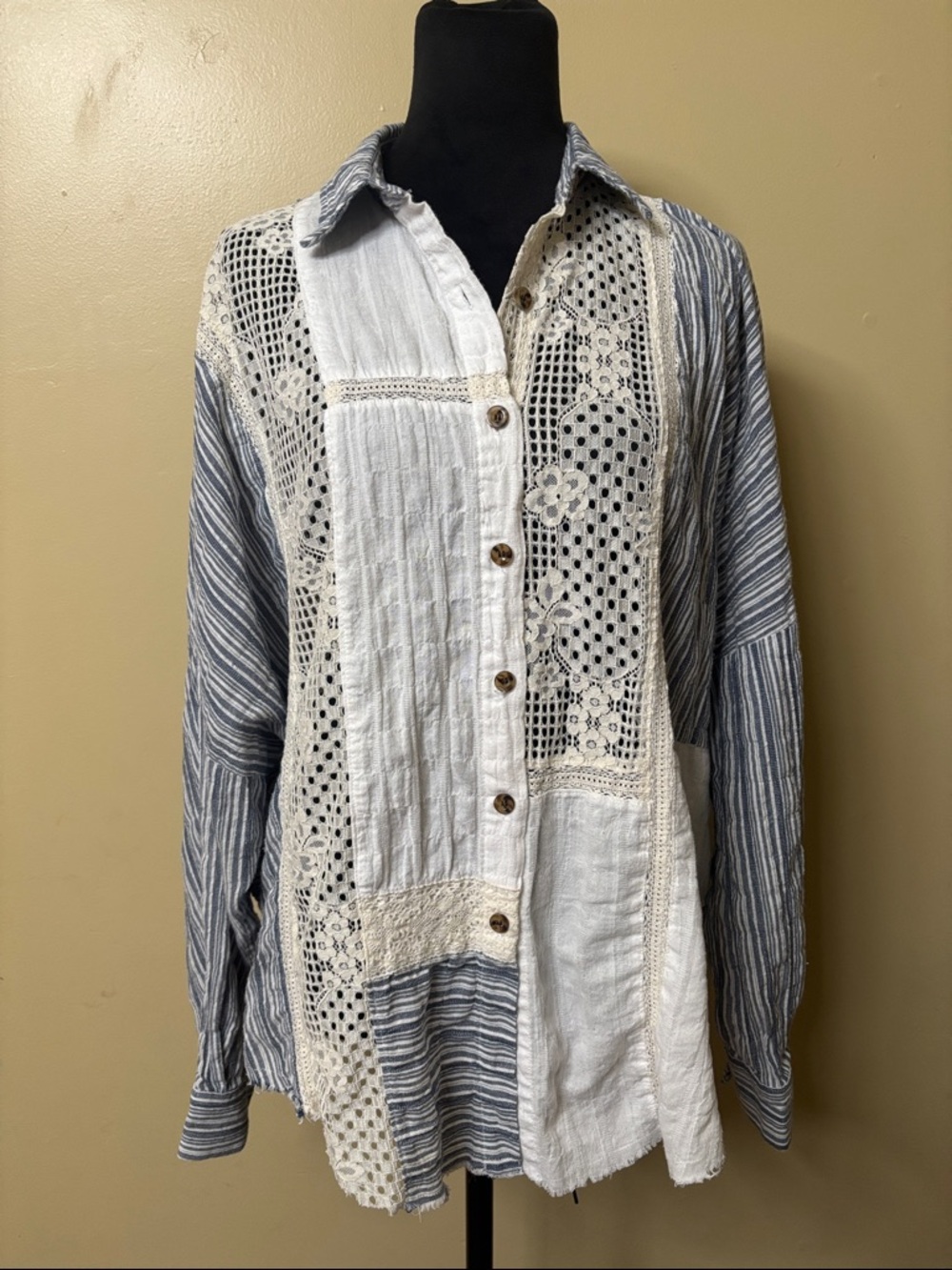 Gimmicks Patchwork Button-Up Shirt in Blue and White